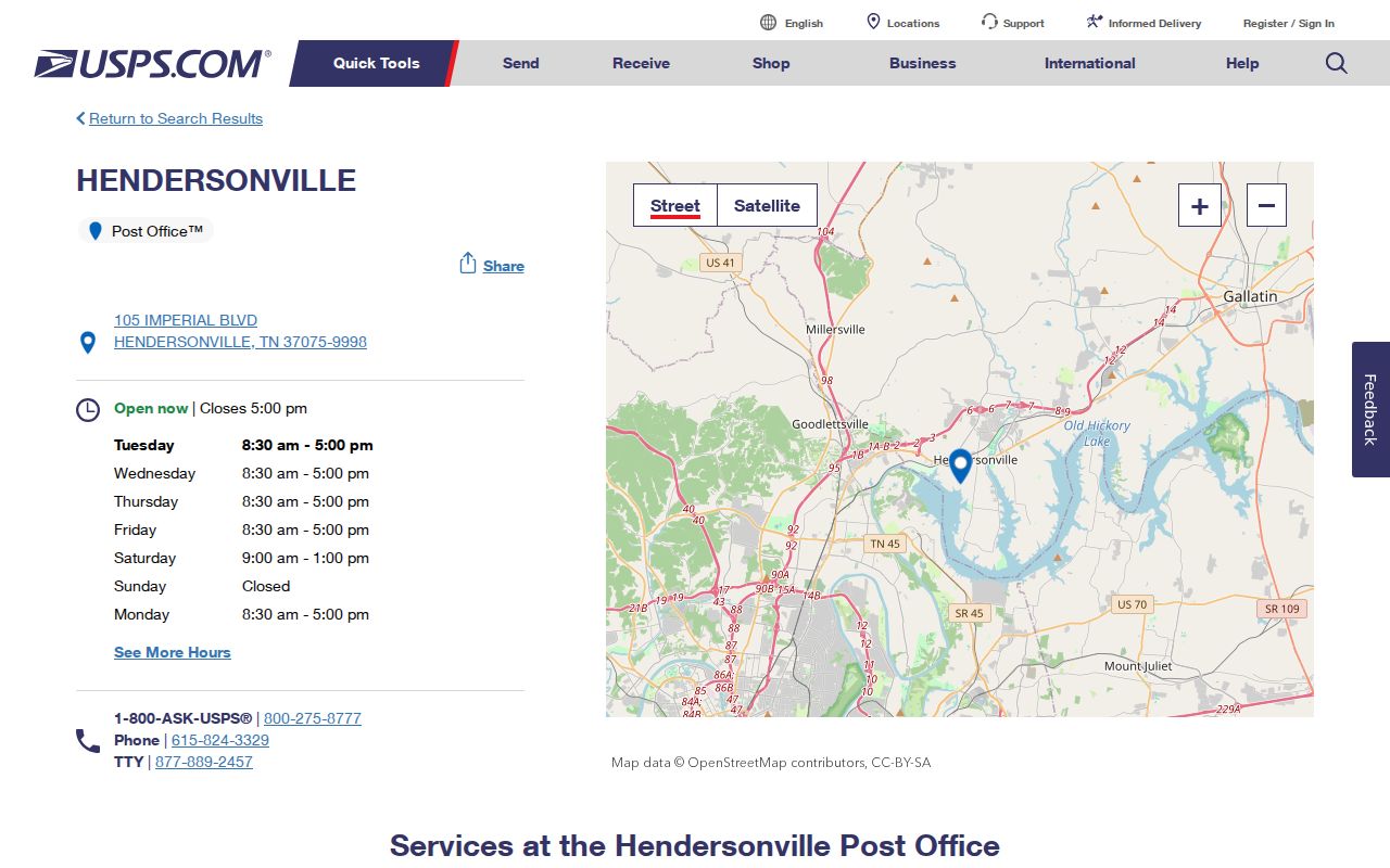 Hendersonville ZIP code directory view of the USPS service record